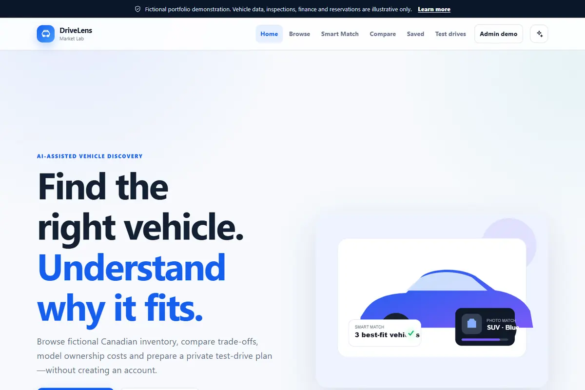 DriveLens Market Lab landing page presenting explainable vehicle discovery tools