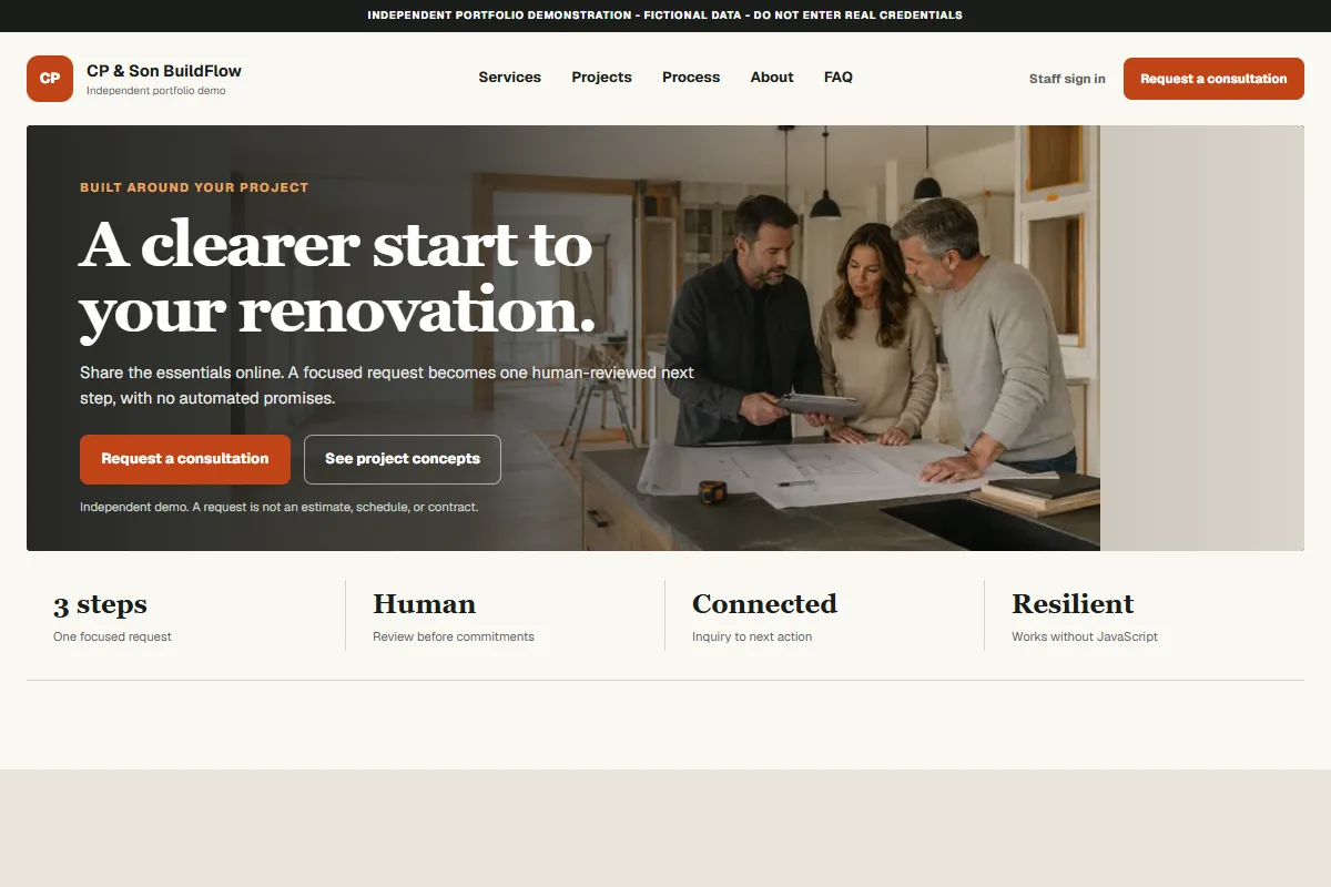 CP and Son BuildFlow home page with a renovation planning scene and consultation actions