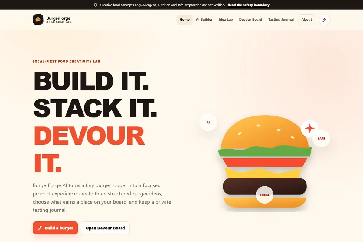 BurgerForge AI home page with burger idea generation, Devour Board, and Tasting Journal