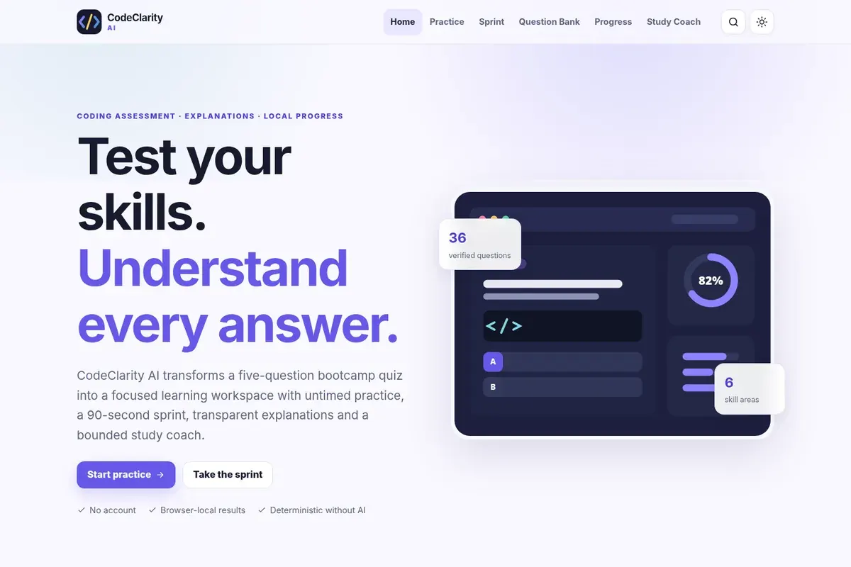 CodeClarity AI home page with sprint, question bank, progress, and Study Coach options