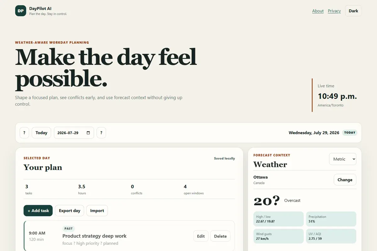DayPilot AI planner showing a weather-aware schedule, task controls, and workload guidance