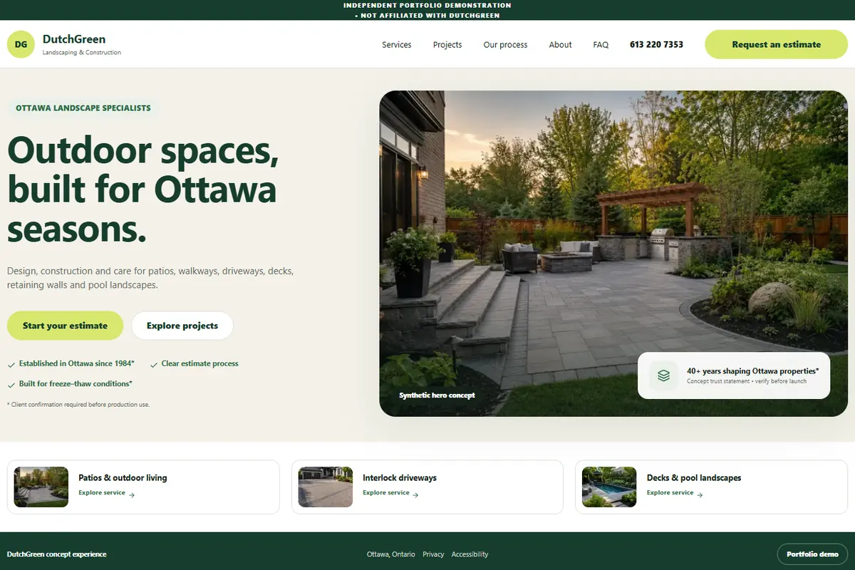 DutchGreen digital demo home page with Ottawa landscaping services, a project image, and estimate actions