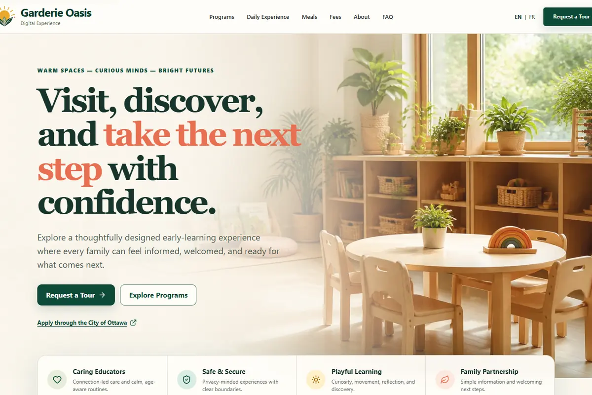 Garderie Oasis bilingual childcare demo home page with a bright classroom and tour and program actions