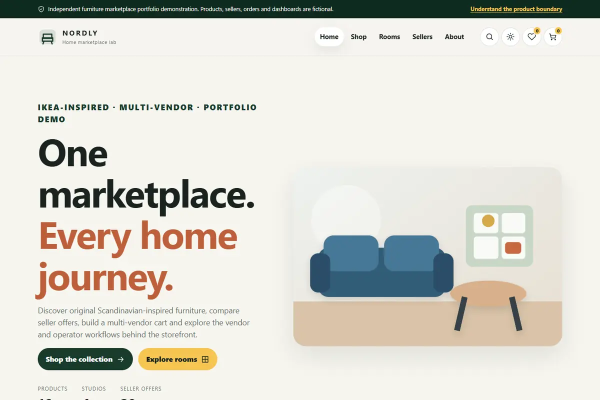 Nordly Home Market storefront with furniture categories and shopping entry points