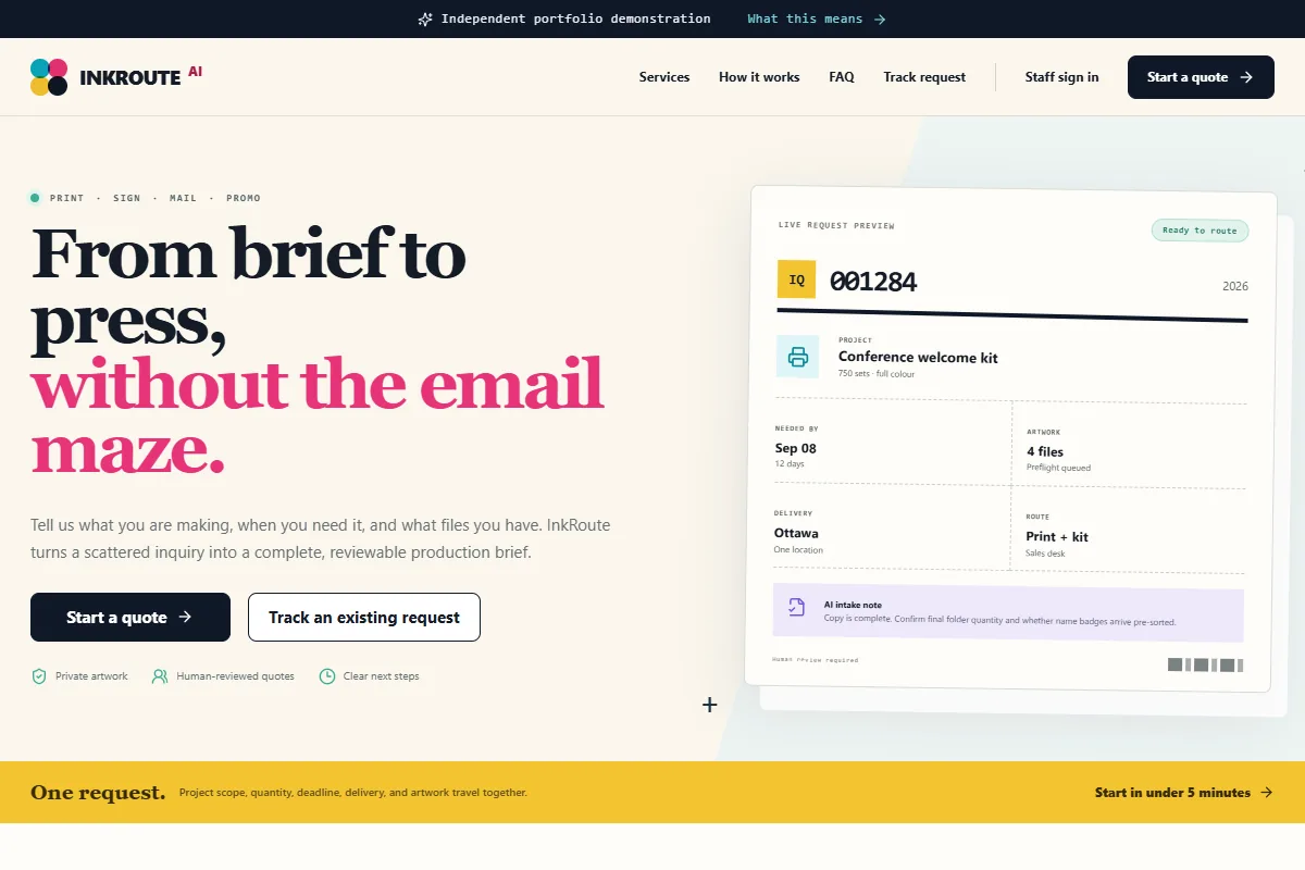 InkRoute AI home page with print quote actions and a synthetic production-request preview