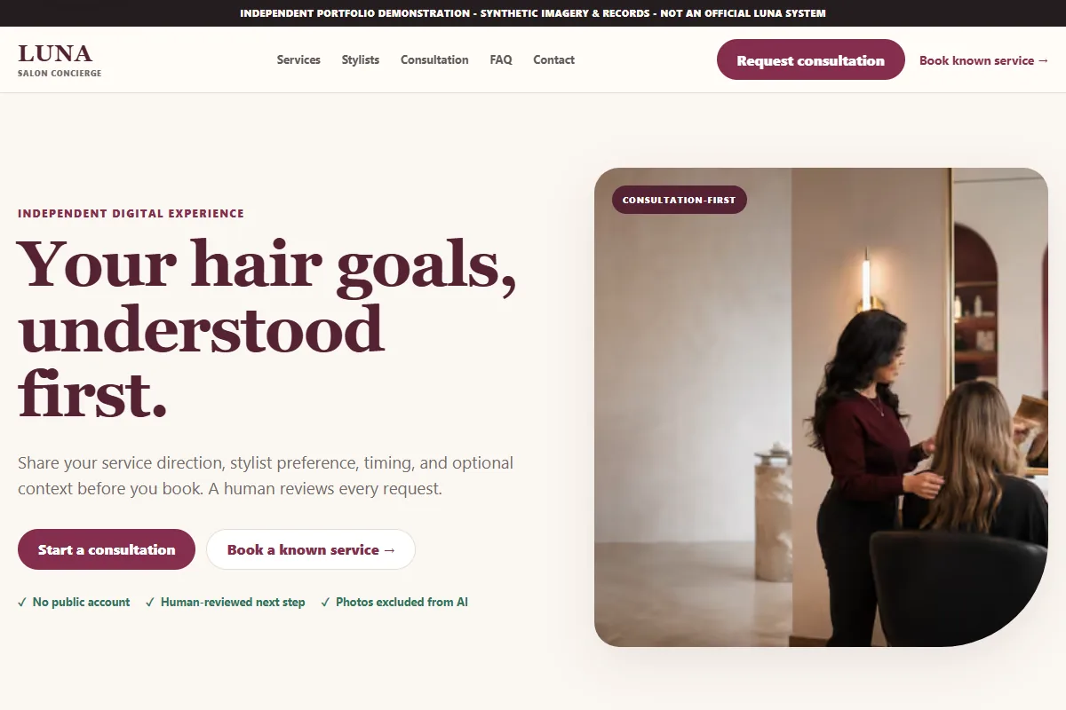 Luna Salon Concierge home page with a stylist consultation scene and consultation-first actions