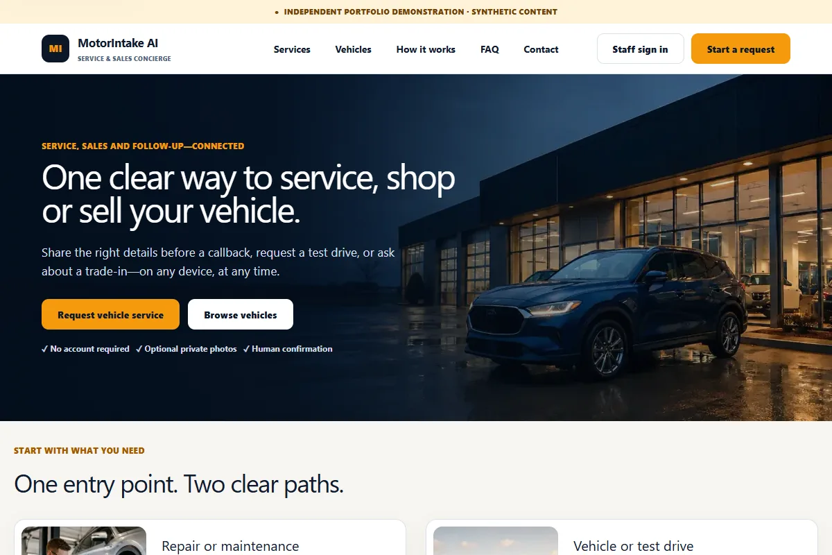 MotorIntake AI home page with automotive service, vehicle shopping, and trade-in request entry points