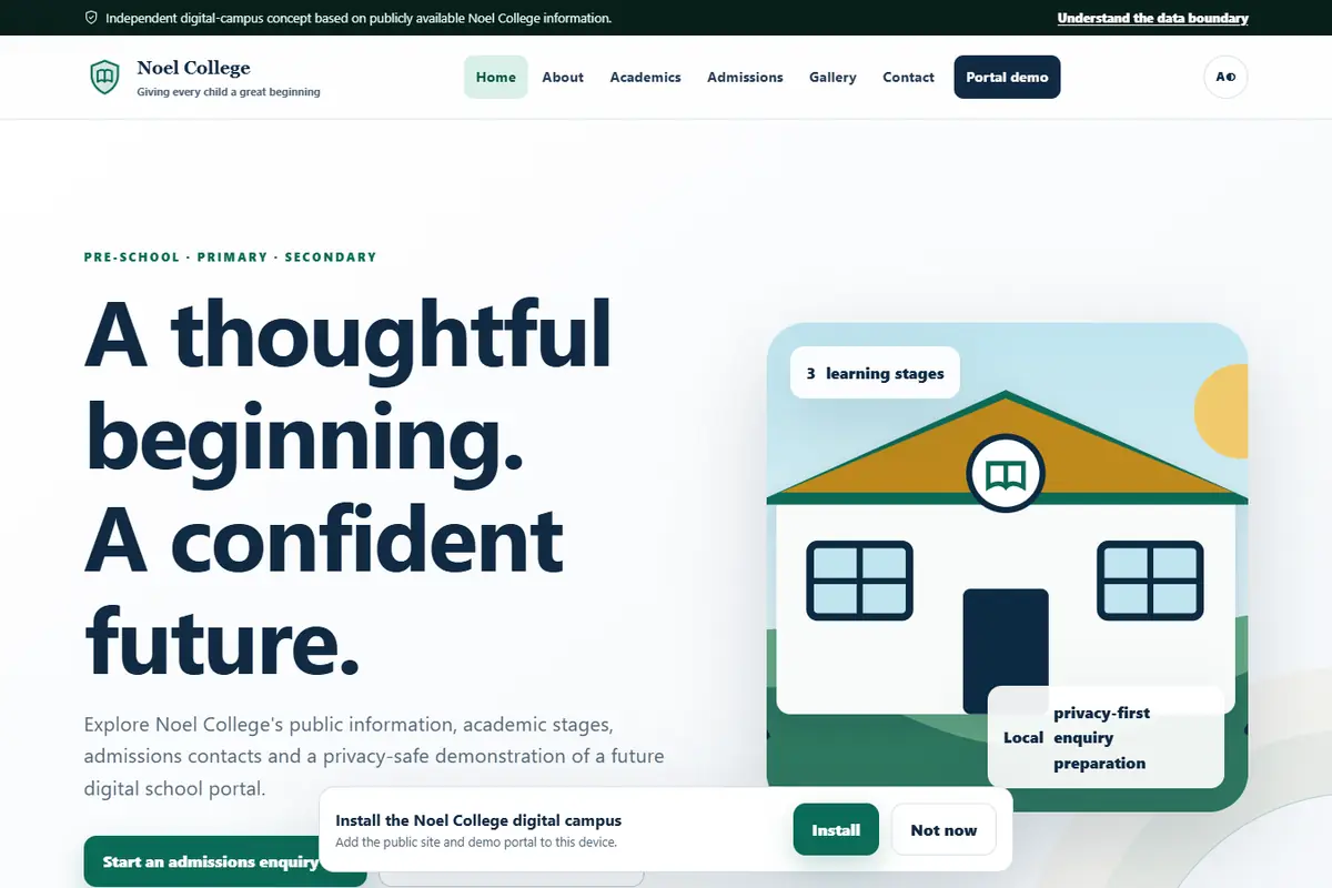 Noel College Digital Campus home page with school information and admissions navigation