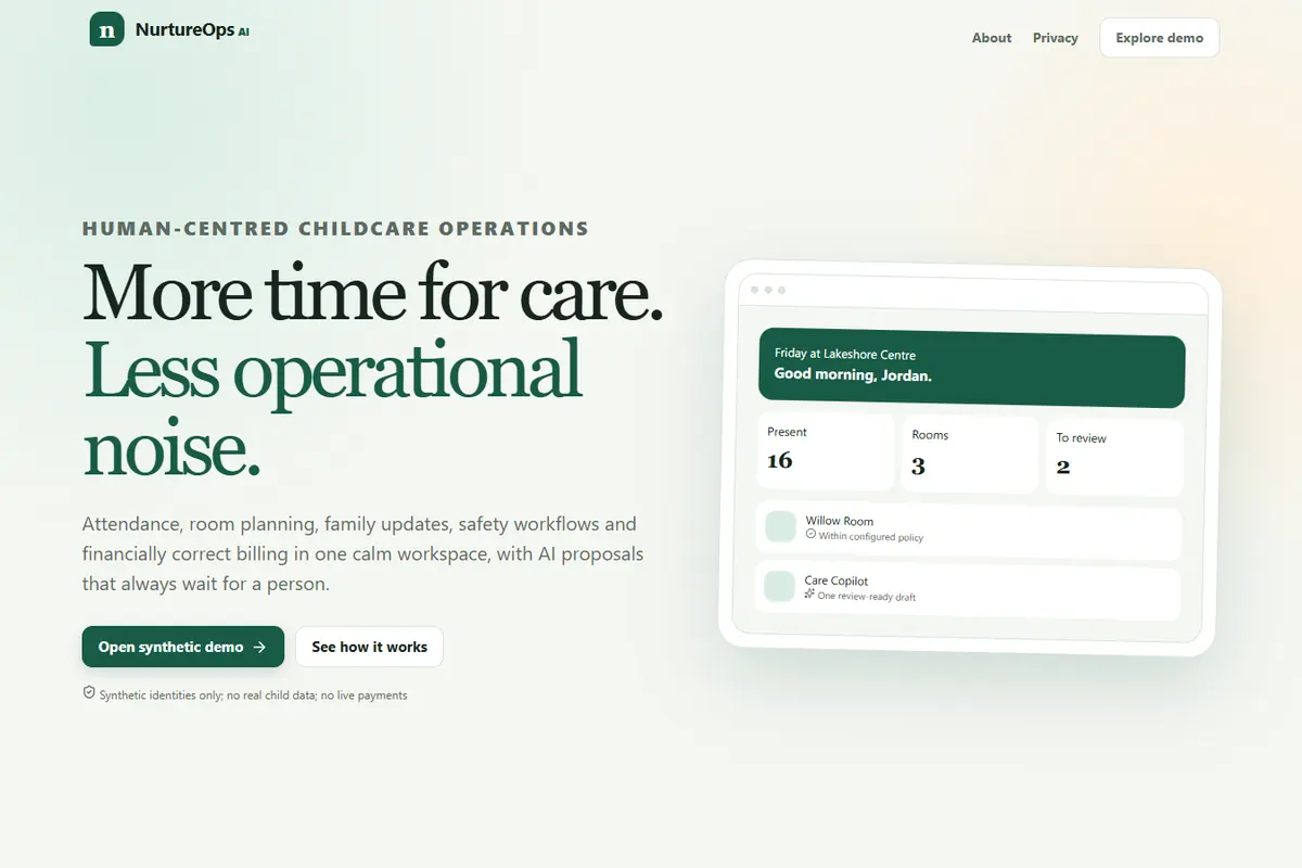 NurtureOps AI home page presenting a synthetic childcare operations workspace and human-reviewed assistance