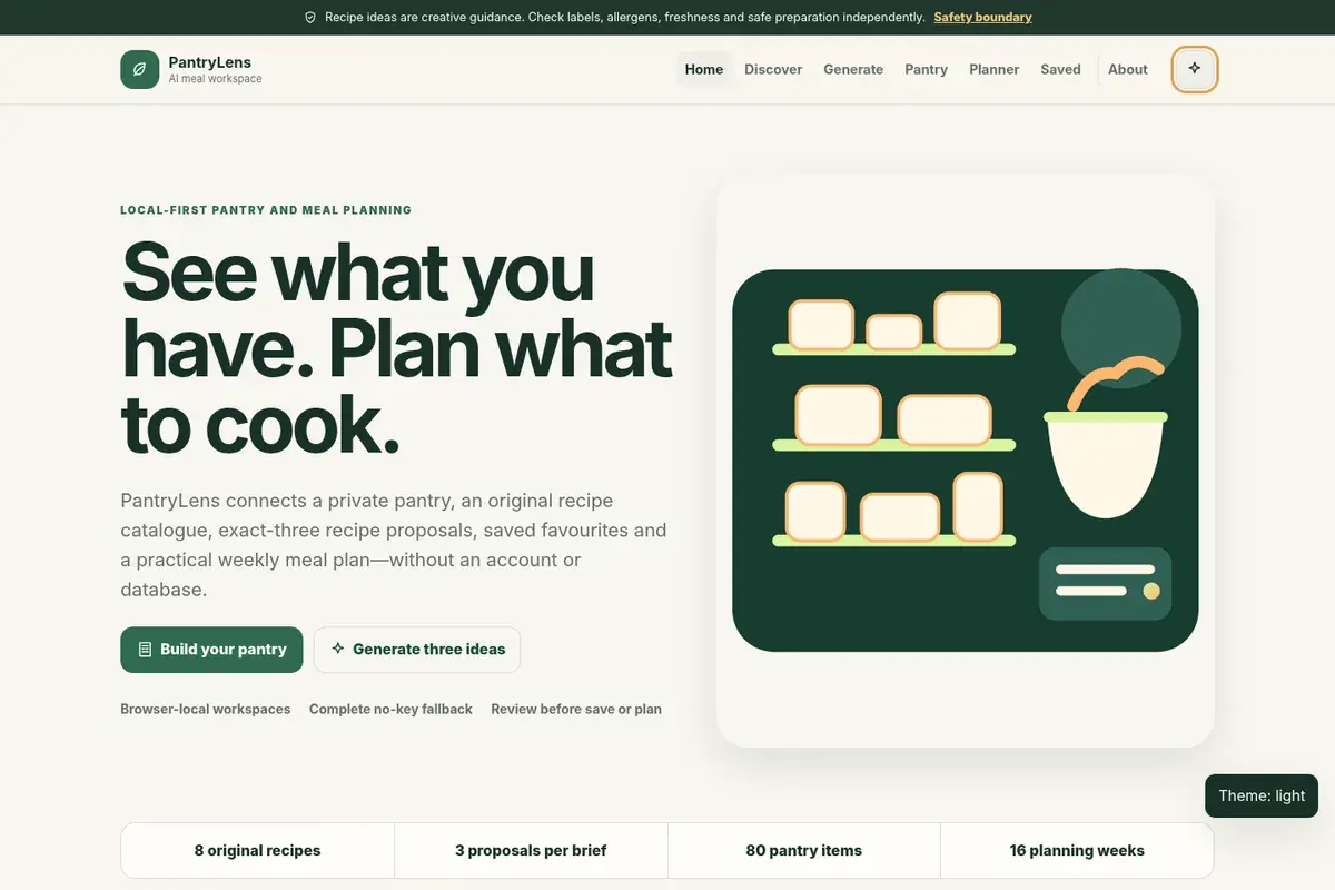 PantryLens AI home page with pantry, recipe discovery, and meal-planning entry points