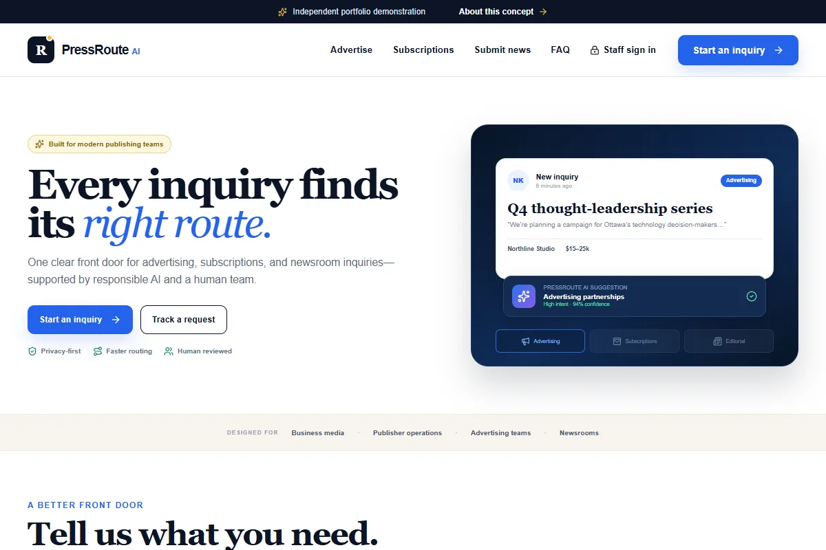 PressRoute AI home page with publishing inquiry actions and a synthetic inquiry-routing preview