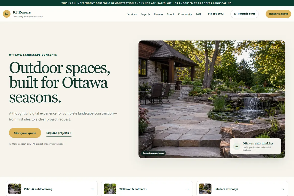 RJ Rogers landscaping portfolio demonstration home page with an Ottawa outdoor-space project and quote entry points