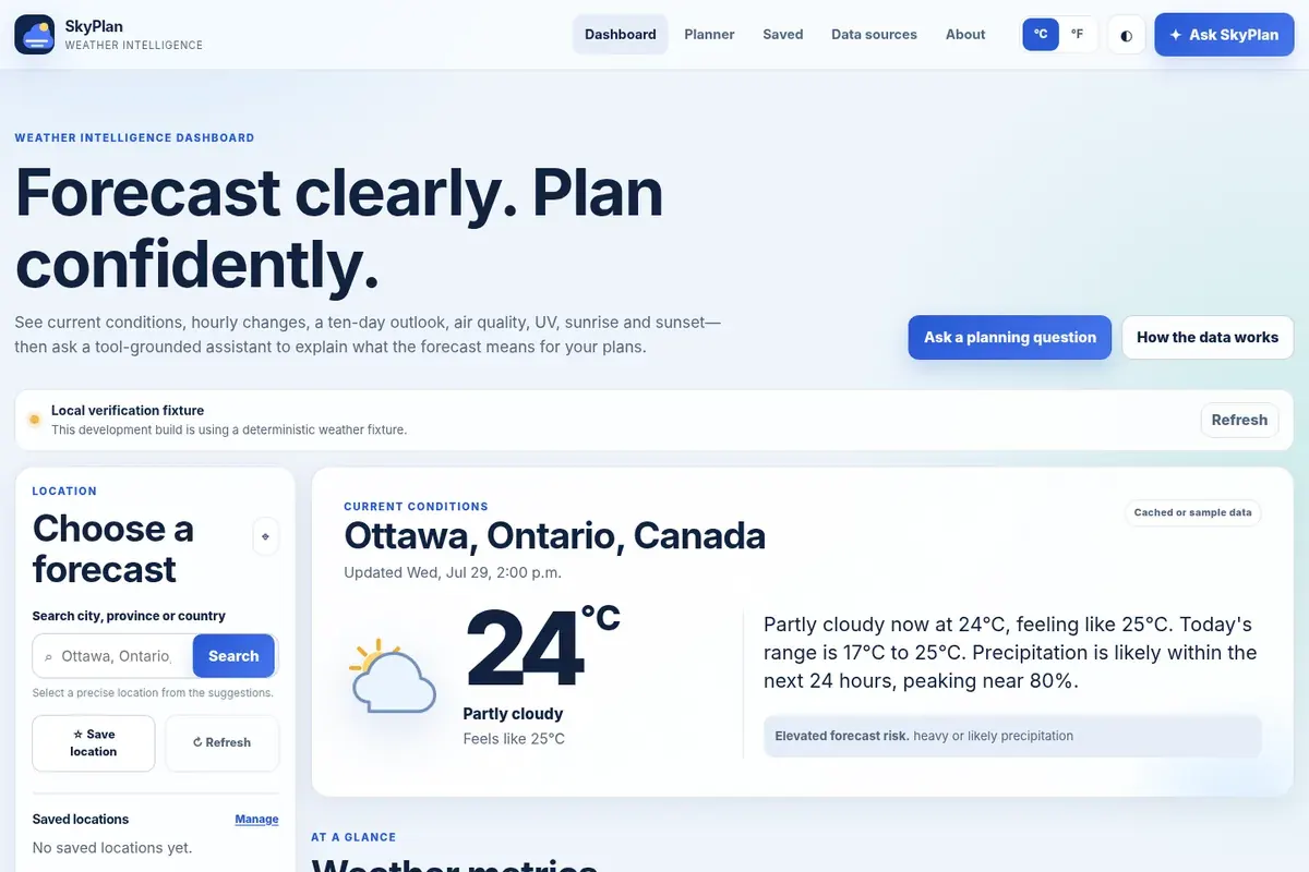 SkyPlan Weather Intelligence home page with forecast summaries, saved places, and planning tools