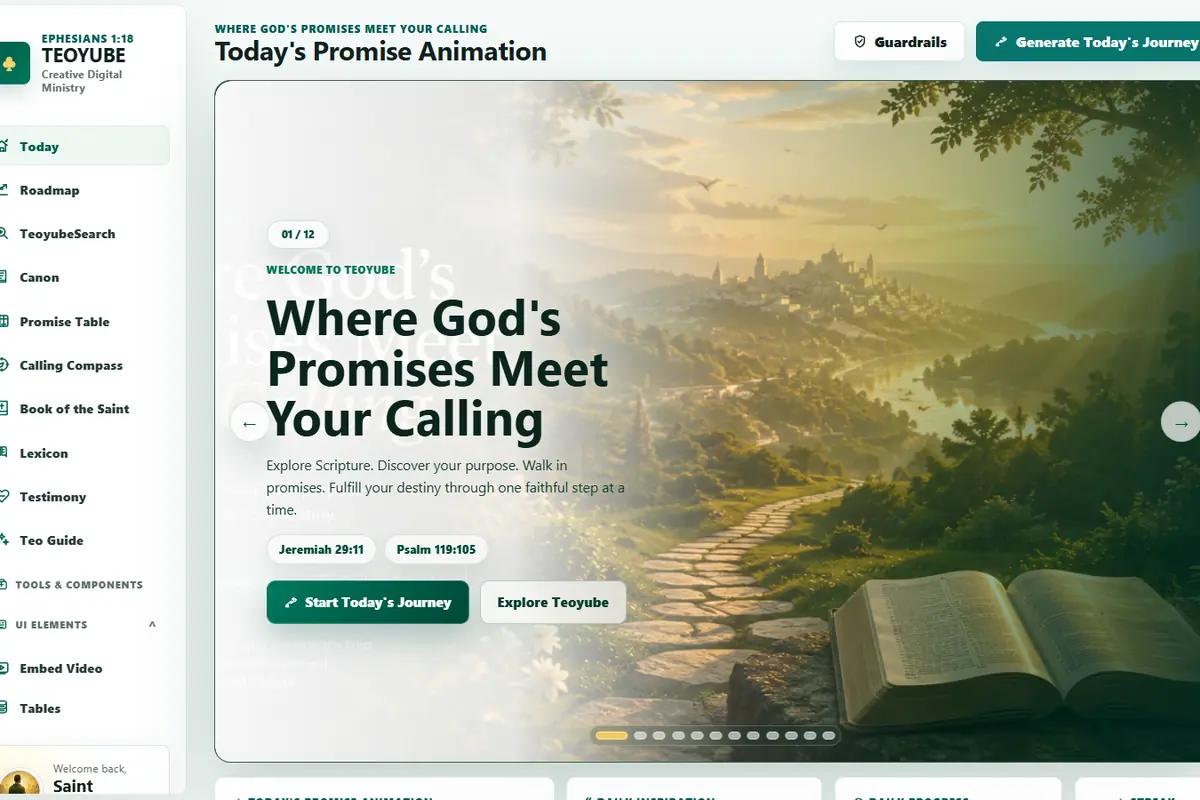 Teoyube frontend Today screen with Scripture promise and ministry navigation