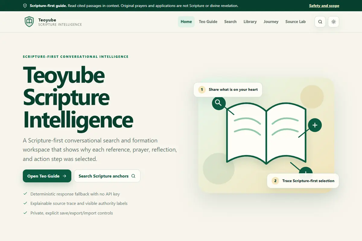 Teoyube Scripture Intelligence home screen with a Scripture-focused guide and reflection entry points